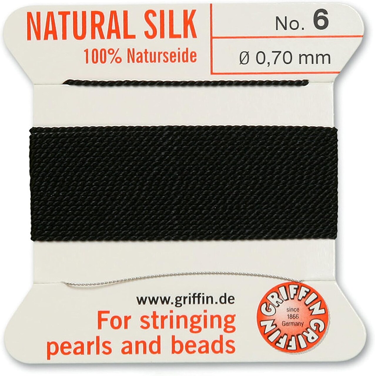 Griffin Silk Bead Cord Perlseide – Size 6 (0.70mm) – 2 Meters per Card – Stainless Steel Needle Attached – for Knotting Pearls, Gemstones, Crystals and Beads